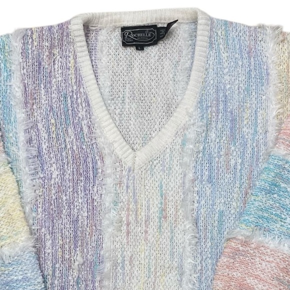 Vintage 80’s Pastel Rainbow Knit V-Neck Sweater, Colorful, Preppy, Women’s Large - Picture 4 of 7